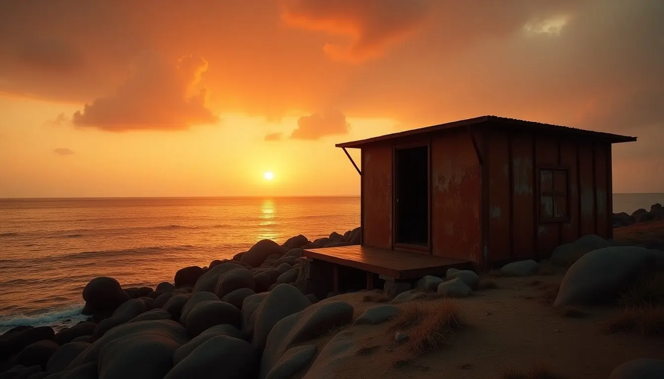 Rusty sheet-metal shack on a rocky coast at sunset